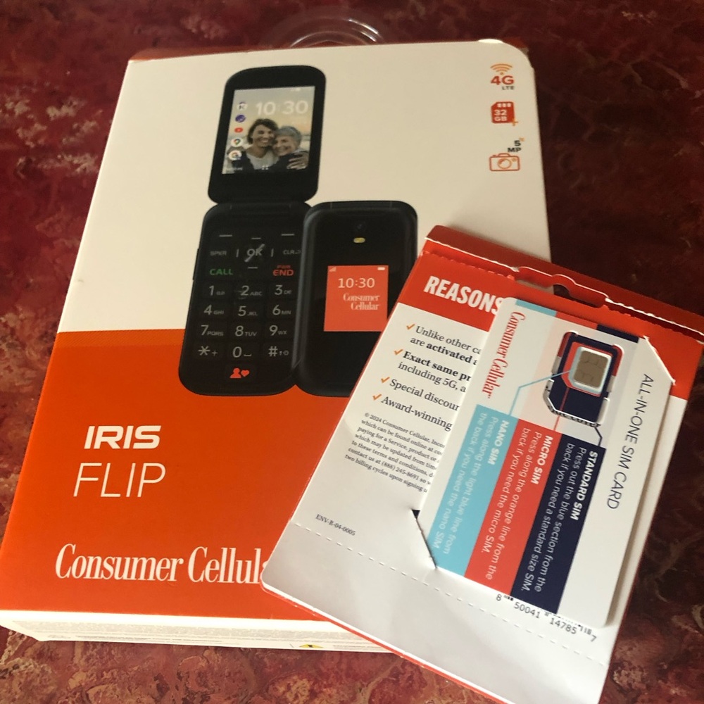 PHONE! New in box IRIS flip phone and SIM card by consumer cellular.
